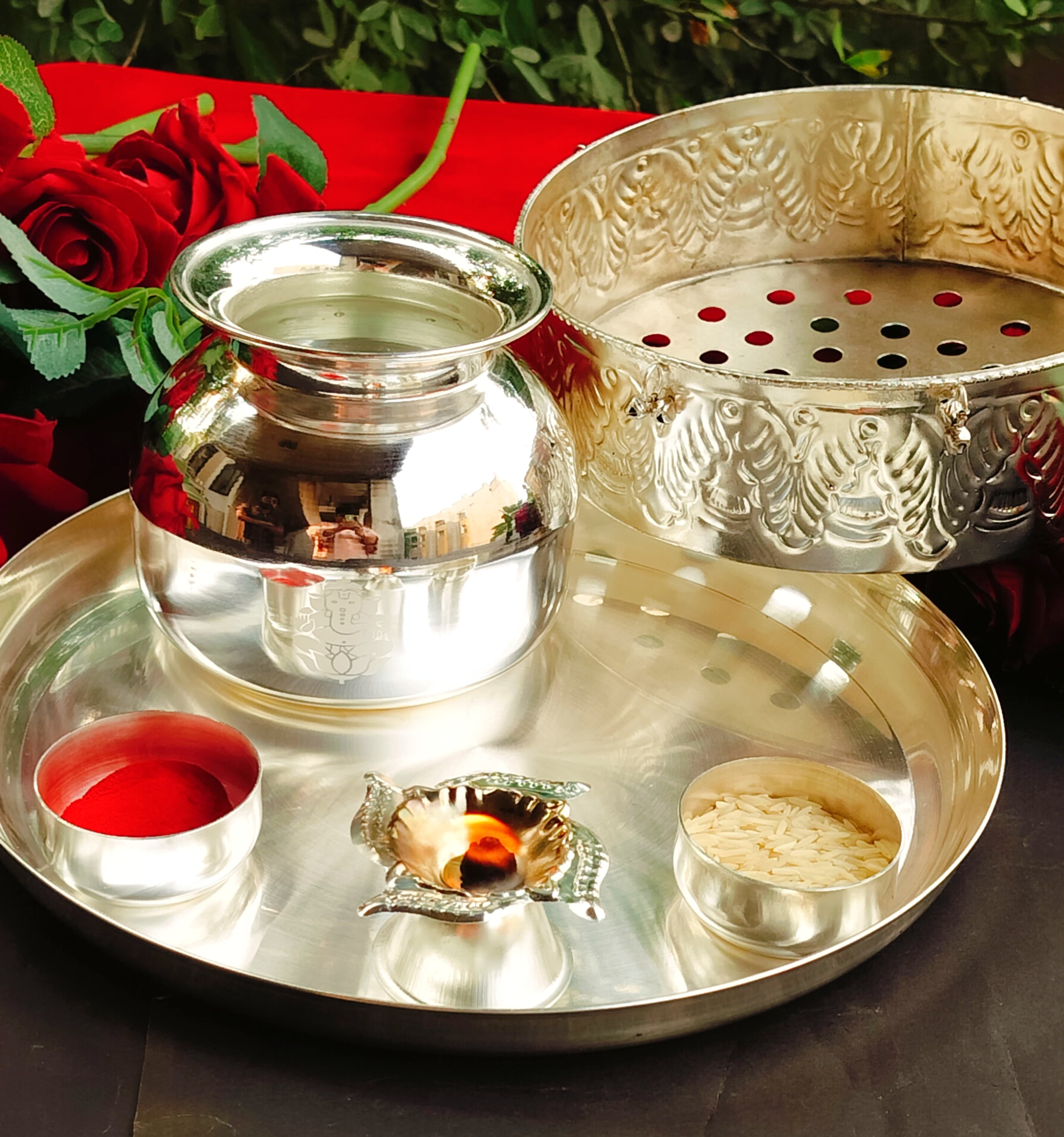 german silver karwachauth pooja thali set of 6 pieces